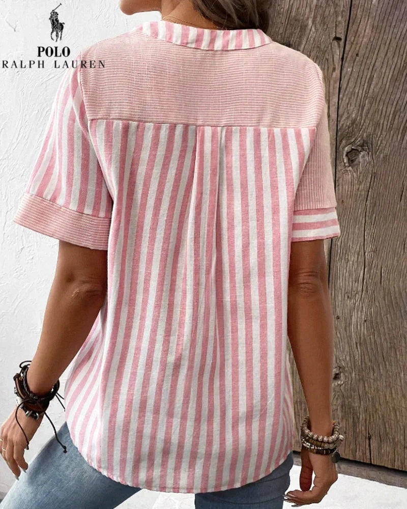 RALPH LAUREN - Camicia in cotone e lino con righe asimmetriche e collo a V