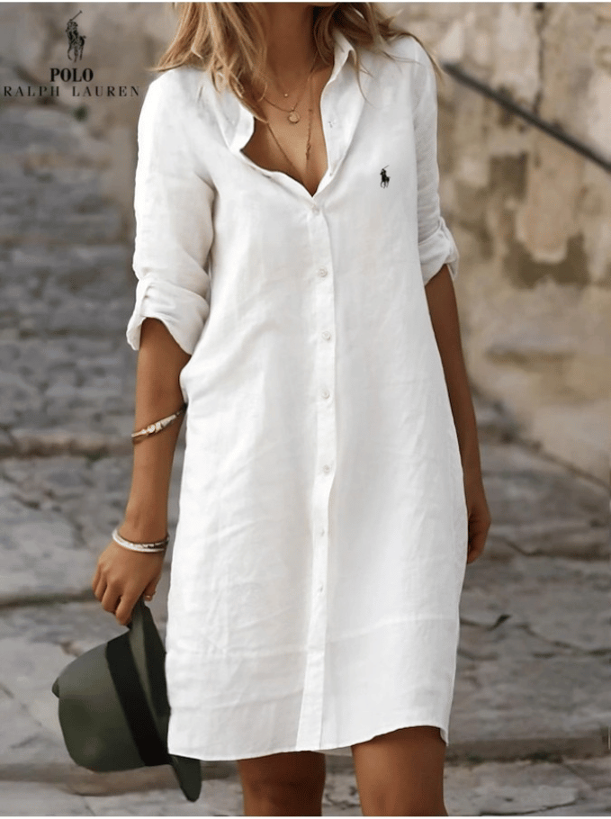 RALPH LAUREN - Abito chemisier semplice in cotone e lino dal taglio ampio