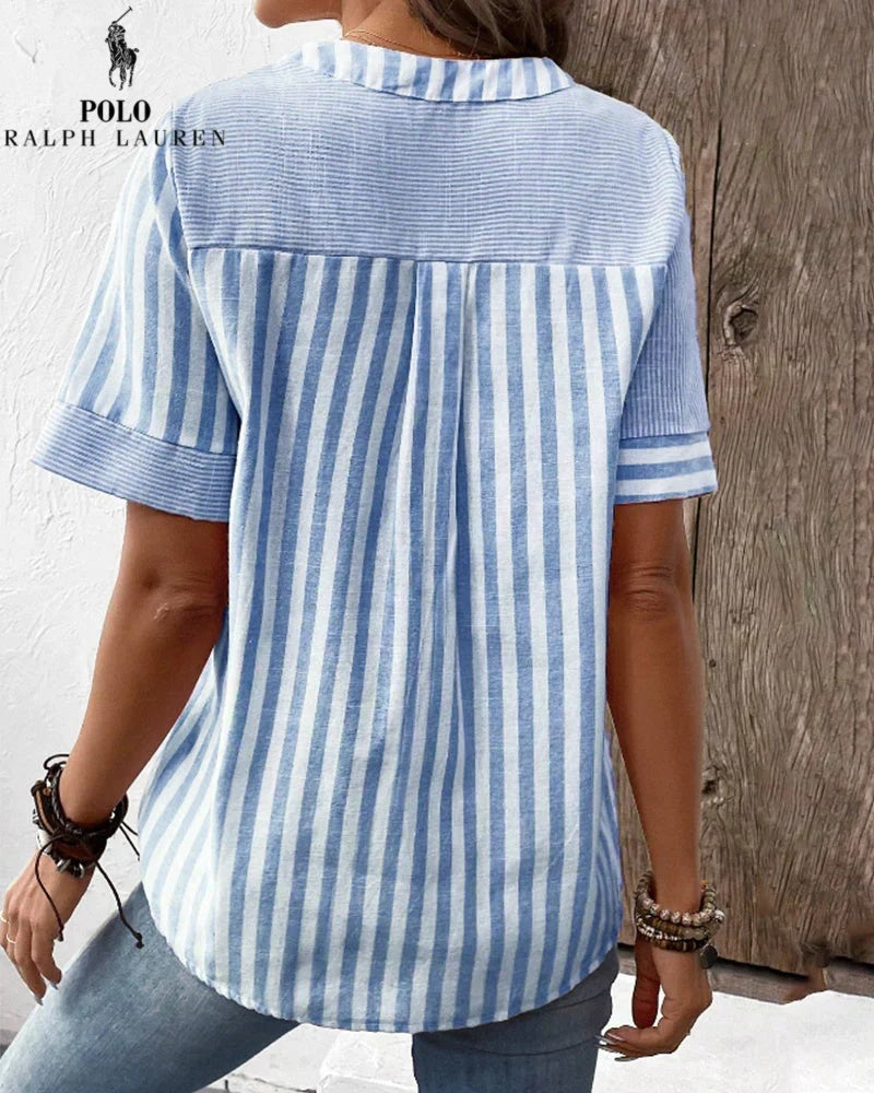 RALPH LAUREN - Camicia in cotone e lino con righe asimmetriche e collo a V